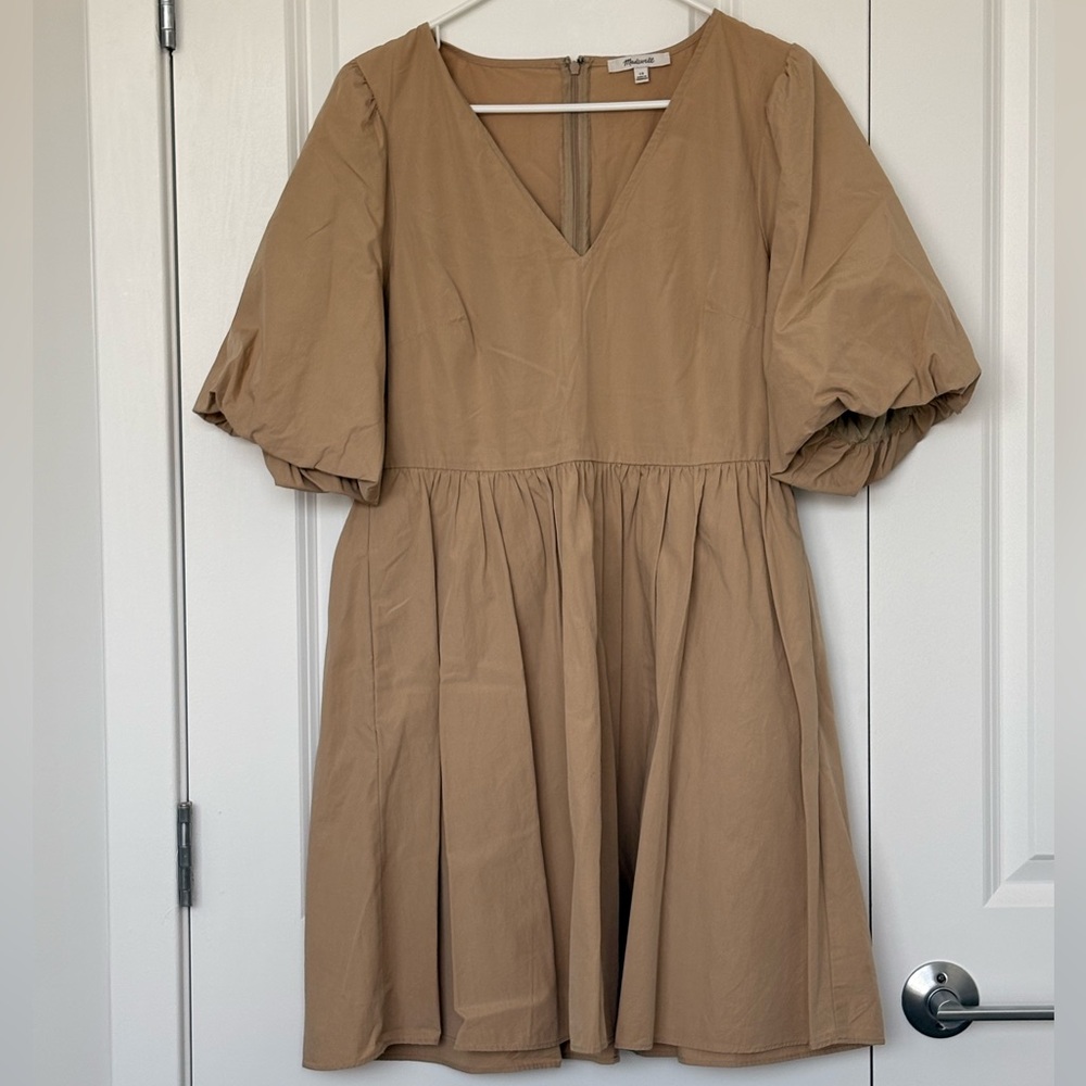 Madewell Tan V-Neck Mini Dress with Puff Sleeves